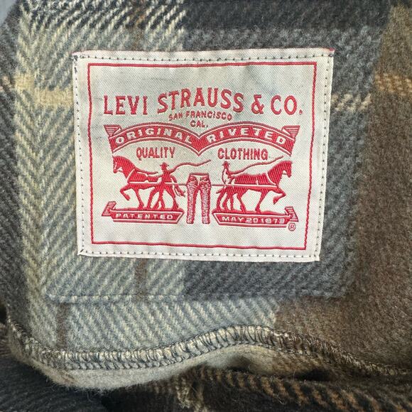 Levi's Plaid Brown Gray Belted Shirt Jacket Button Up Womens Medium Wool Blend - Picture 14 of 15